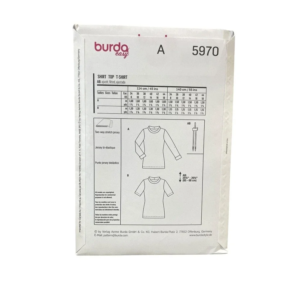 Burda Easy 5970 Shirt T-Shirt Top US 8-18‎ EUR 34-44 Stretch Knit